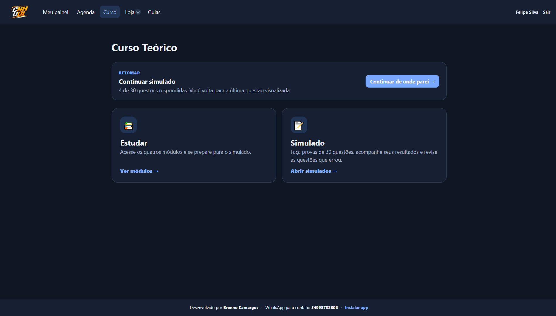 Print real do sistema CNH Udi mostrando a área Curso Teórico