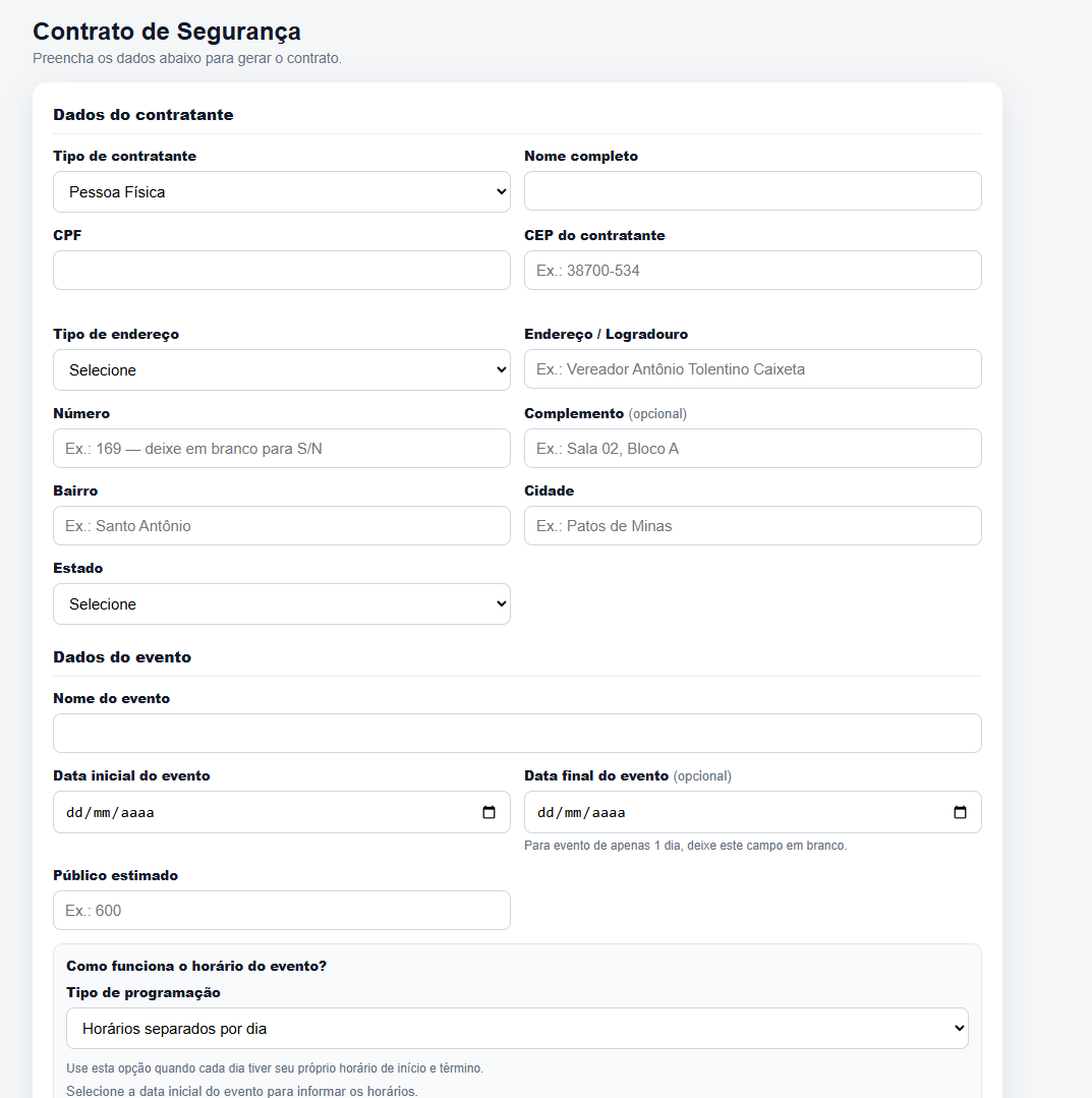 Print real do sistema de preenchimento e geração automática de contratos